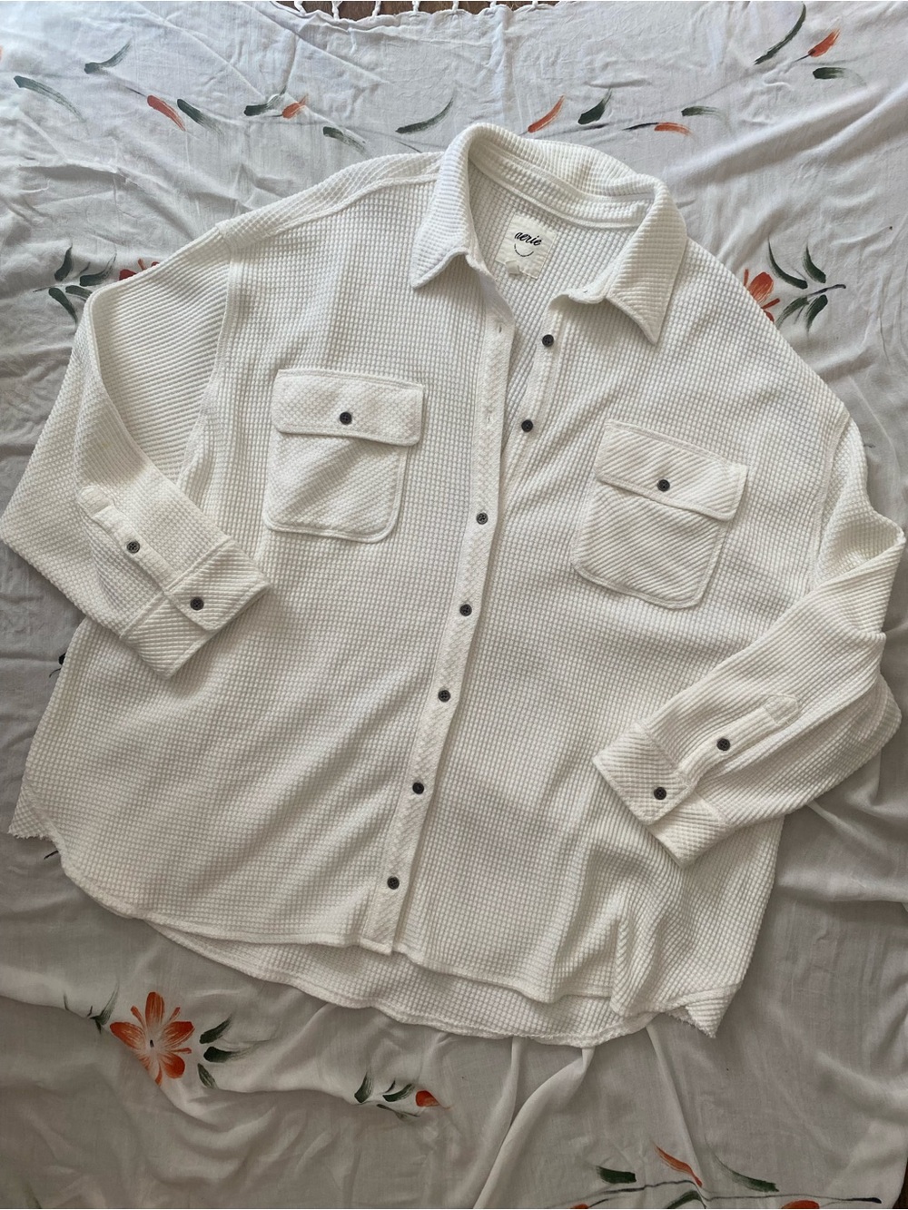 Aerie White Waffle-Knit Button-Up Shirt XXL